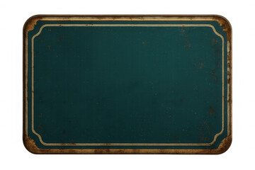 Fototapeta premium Old rusty metal sign with golden frame and teal background, isolated on transparent background, providing copy space for your message
