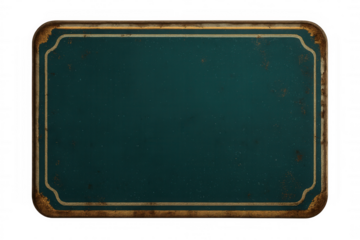 Old rusty metal sign with golden frame and teal background, isolated on transparent background, providing copy space for your message