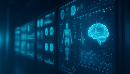Futuristic medical display with brain imaging and anatomical diagrams in blue holographic style