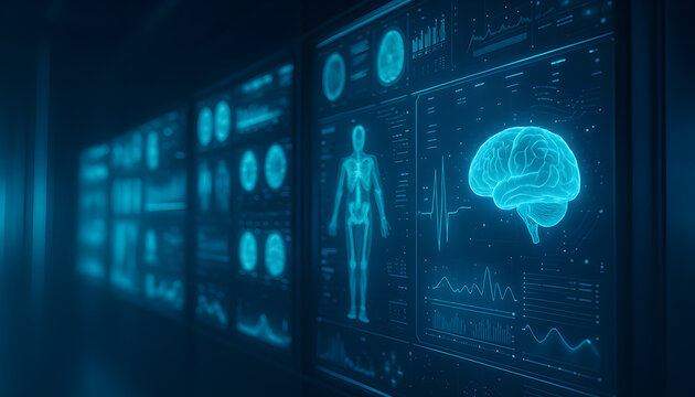 Futuristic medical display with brain imaging and anatomical diagrams in blue holographic style - Powered by Adobe