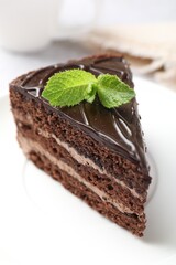 Piece of delicious chocolate cake with mint on table, closeup