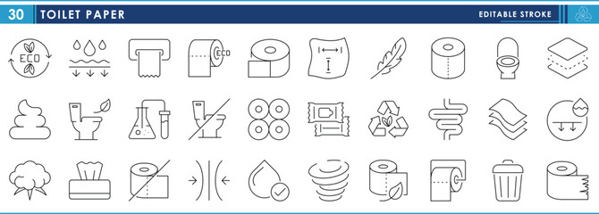 A set of line icons related to Toilet Paper. Toilet, hygiene, eco friendly, cotton, waste, wipe, layers, pull, and so on. Vector editable stroke.