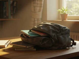 A grey backpack filled with notebooks sits on a wooden table, bathed in warm sunlight from a window, suggesting a cozy study or school setting.