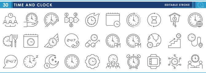 A set of line icons related to Time and Clock. Time, management, clock, meeting, schedule, destination, alarm, call center, food, and so on. Vector editable stroke.