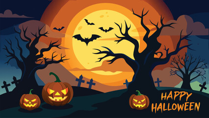 Spooky Halloween night with glowing pumpkins and bats flying around the full moon
