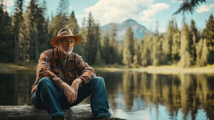 Senior Man Contemplating by a Mountain Lake.