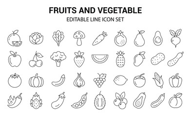 Fruits And Vegetables Icons Set. Organic, Healthy,  Sustainable,  Nutrition, Produce, Vector Illustration. 