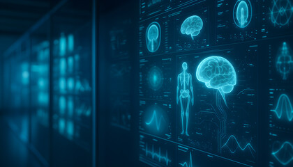 Futuristic medical interface with brain scans, anatomical diagrams, and scientific charts in blue holographic style