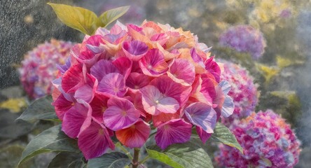 Obraz premium Close-up of a vivid hydrangea bloom in pink, purple, and peach tones with lush green leaves, softly lit against a dreamy blurred background - AI Generated Digital Art