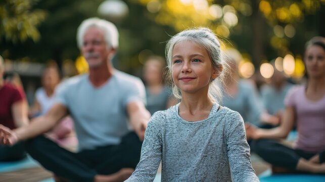 multi generational people doing yoga class keeping at city park  focus on center girl face no logos no brands ar 169