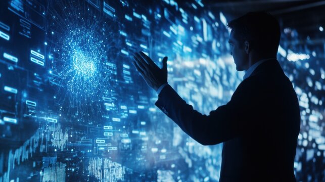 A young Caucasian man in a suit interacts with a digital interface displaying blue data streams and holographic elements. The scene conveys advanced technology and innovation.