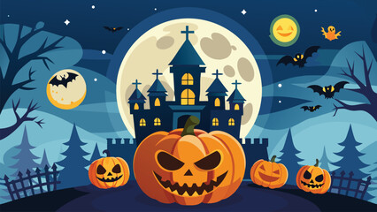 Spooky Halloween night with jack o lanterns and haunted castle under full moon pumpkin 2