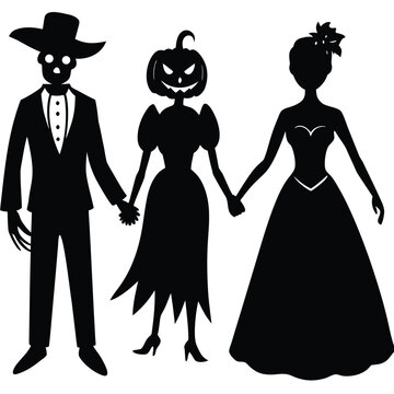 Halloween couple silhouettes with a skeleton groom and pumpkin bride