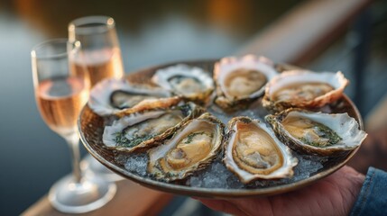 Woman enjoys fresh oysters and champagne by the waterfront during a beautiful sunset gathering with friends