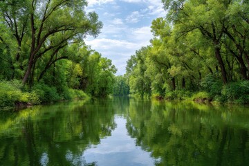 Obraz premium Serene river journey through lush green forest canopy reflecting the bright sky above