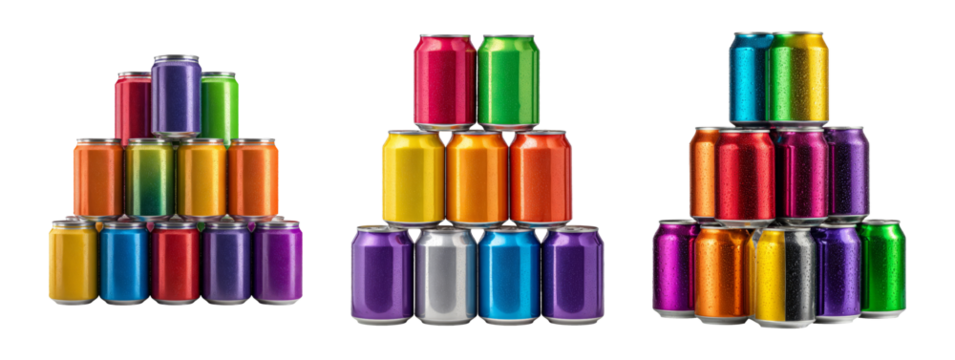 Colorful Cans Stacked in Three Pyramid Shapes on Transparent Background
