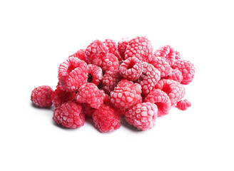 Heap of frozen raspberries isolated on white