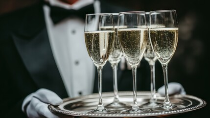 Waiter serves elegant champagne flutes on a silver tray at a formal event in a luxurious setting