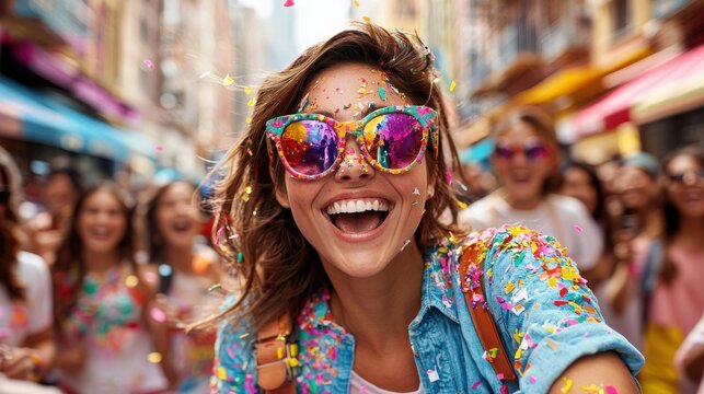 Authentic Representation of Cultures Through Travel Concept. Joyful woman celebrating with party confetti and colorful sunglasses in vibrant street scene