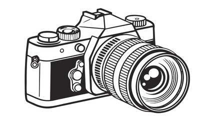 Illustration of a vintage single lens reflex camera with detailed lens and body design in black and white
