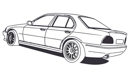 Outline drawing of a sedan car with custom wheels and a spoiler viewed from the rear quarter panel