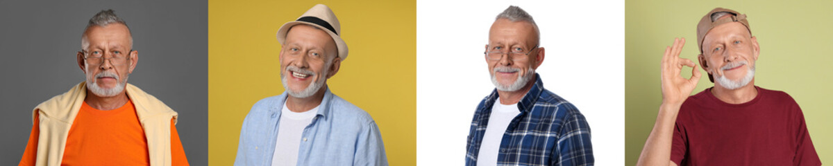 Senior man posing on different colors backgrounds. Collage with portraits of grandpa