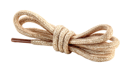 Beige braided rope with brown aglets isolated on black background