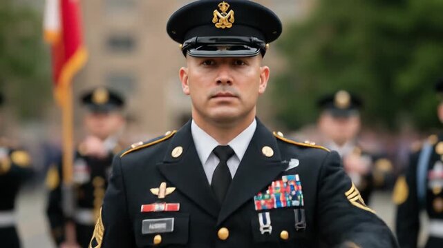 A soldier in military uniform leads a formal parade with pride.