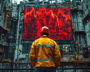Businessman in hard hat observing economic downturn on digital display