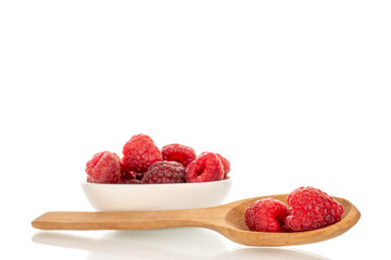Sweet ripe raspberries isolated on white background, macro.
