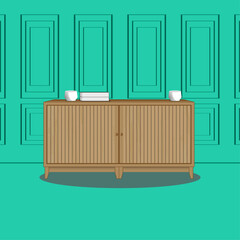 BROWN WOOD TABLE WITH BOOK AND MUG FURNITURE DESIGN VECTOR