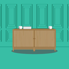 BROWN WOOD TABLE WITH BOOK AND MUG FURNITURE DESIGN VECTOR