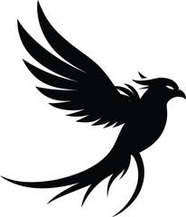 Black silhouette of a mythical phoenix bird flying isolated on white background silhouette
