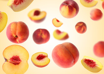 Fresh peaches whirling in air against beige gradient background