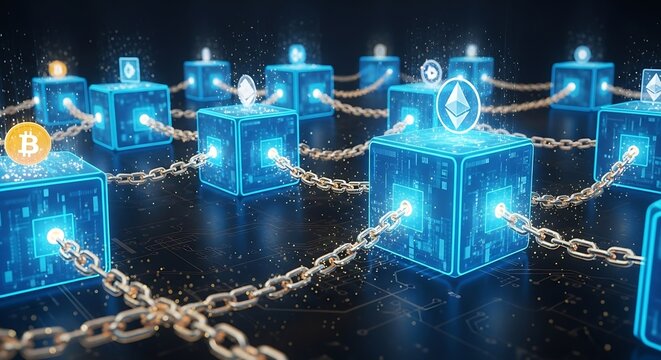 Blockchain technology concept with connected blocks representing digital cryptocurrency network - Powered by Adobe