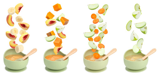 Baby food. Different fresh ingredients falling into bowls with puree against white background, set