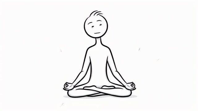 Animated Stick Figure in Lotus Position Symbolizing Meditation on White Background for Wellness Promotion and Stress Reduction Illustrating Peace and Focus with Radiating Lines stickman