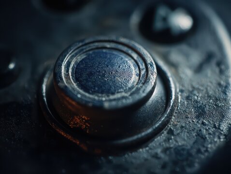 Close-up of worn control button, dark setting, industrial background, potential use gaming or tech