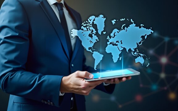 Global business and network technology. Business person using tablet computer. Network structure and world map. High quality