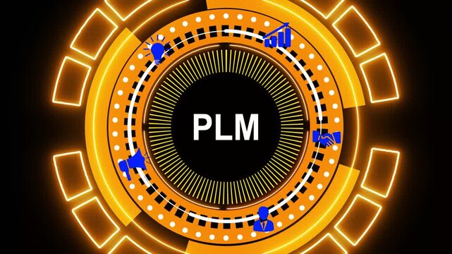 PLM Product lifecycle management system technology concept. Surrounded by icons symbolizing innovation, teamwork, gears, and system intelligence.