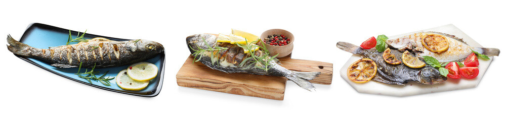 Fried fish. Dishes isolated on white, set