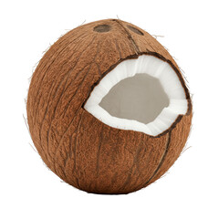 Closeup image of a ripe coconut with the shell opened showing the white interior isolated on black background for food editorial and commercial use high quality studio shot
