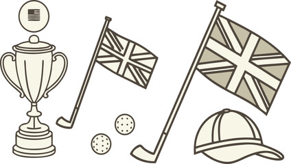 Illustration of golf trophy, british flags, golf balls, golf clubs, and a golf cap in outline style
