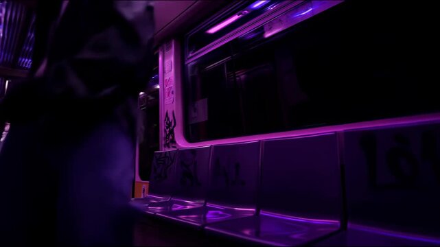 Young man in loose clothing dancing in an empty subway car surrounded by graffiti on the walls and seats