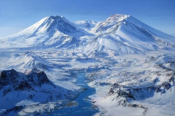 Snowy mountain range, glacial rivers, vast expanse