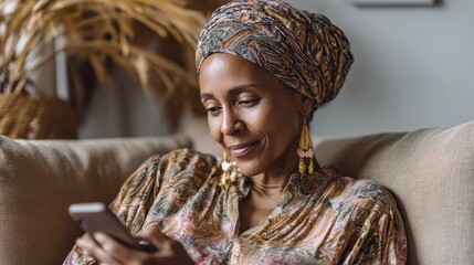smiling middle aged african woman with traditional head turban sitting on couch at home using smartphone beautiful african american woman with typical headscarf scrolling through internet on phone no