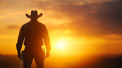Cowboy silhouette standing against vibrant sunset, evoking sense of adventure and freedom in open landscape