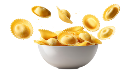 Ravioli in a white bowl falling pasta Italian food