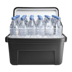 Cold water bottles in a gray cooler on ice