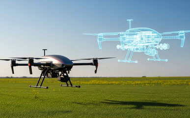 Real Drone Flying Over A Field Compared To Its Digital 3d Schematic Model